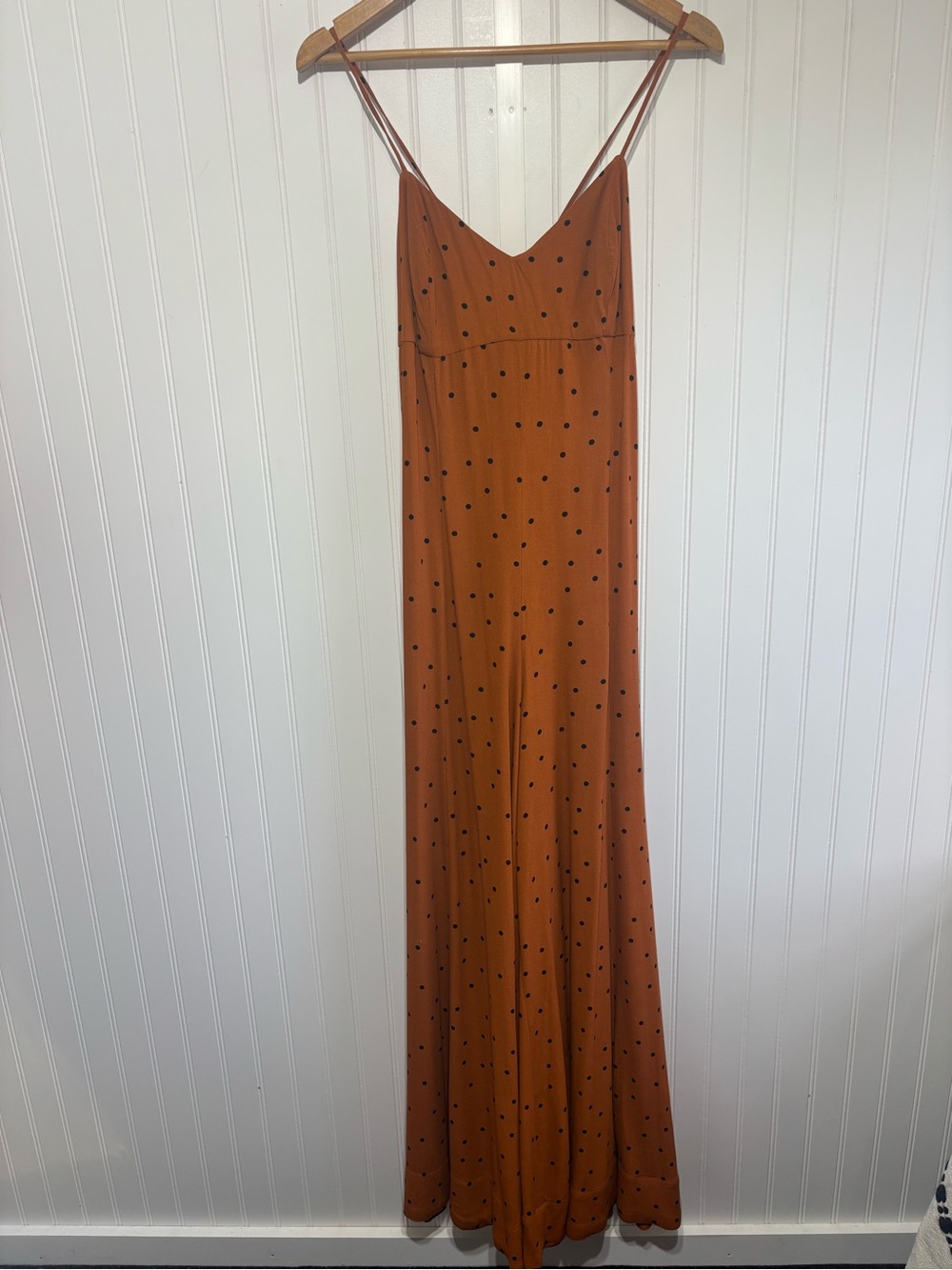 Free People Rust Orange Polka-Dot Spaghetti-Strap Wide-Leg Jumpsuit - Picture 3 of 16